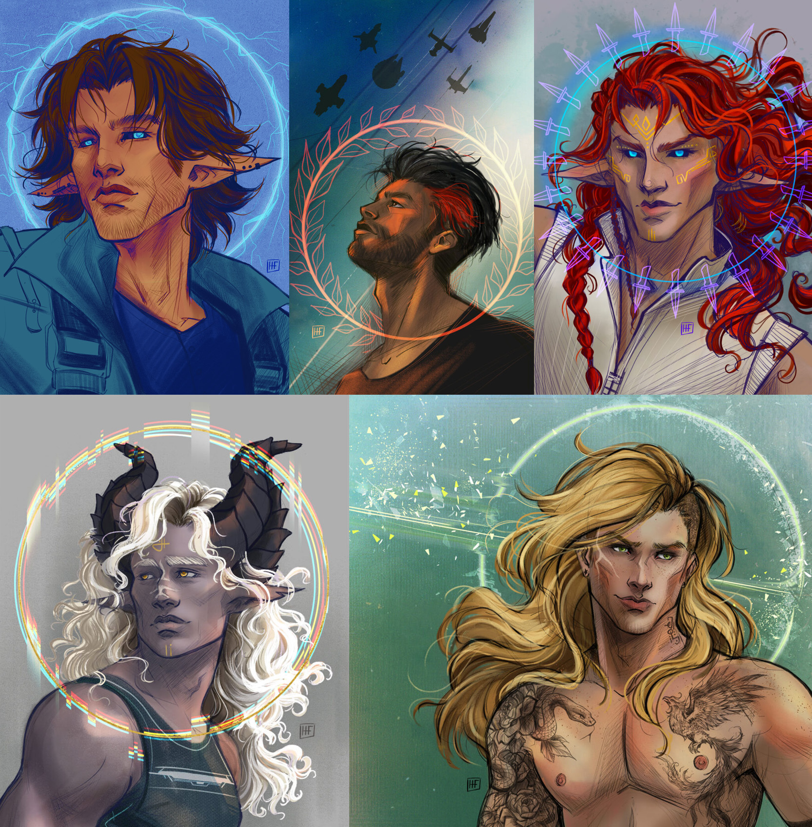 Series of illustrations depicting characters with halos.