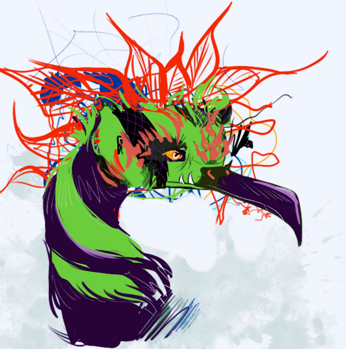 Green and purple striped bird monster